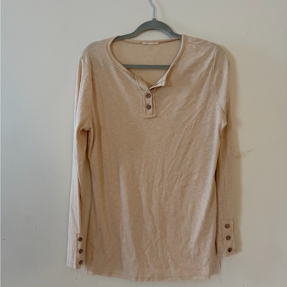 Women's Beige Long Sleeve Henley Top